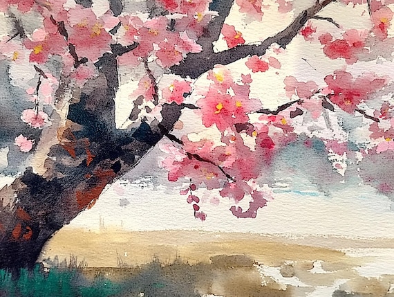Blushing Pink Cherry Blossom Branches in Spring Watercolor Poster