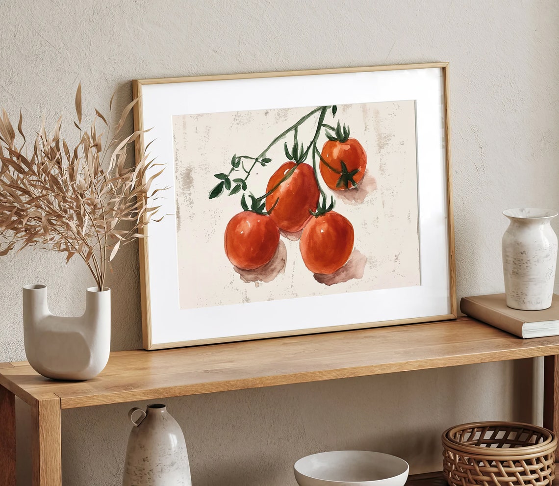 Ripe Red Tomatoes on the Vine Botanical Watercolor Kitchen Poster - Image 3