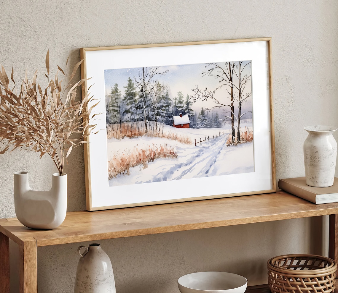 Christmas Snowy Farmhouse Watercolor Painting, Idaho - Image 5