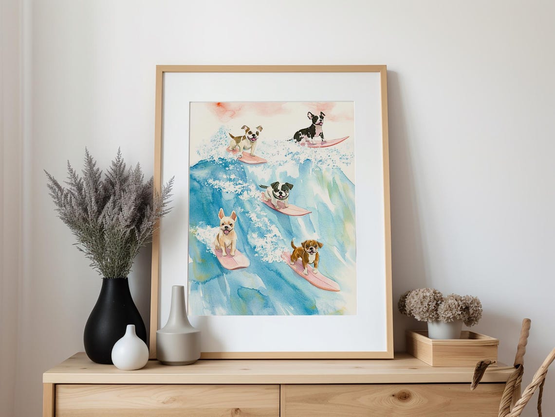 Five Happy Dogs Surfing Pink Boards on Big Ocean Waves Poster - Image 3