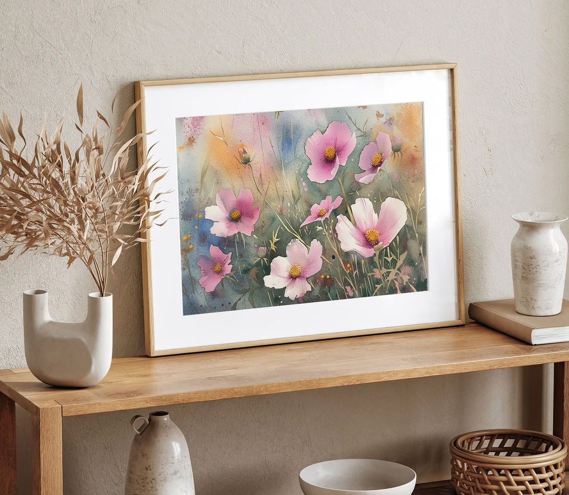 Pink Cosmos Flowers Wildflower Meadow Watercolor Garden Bloom Poster - Image 4
