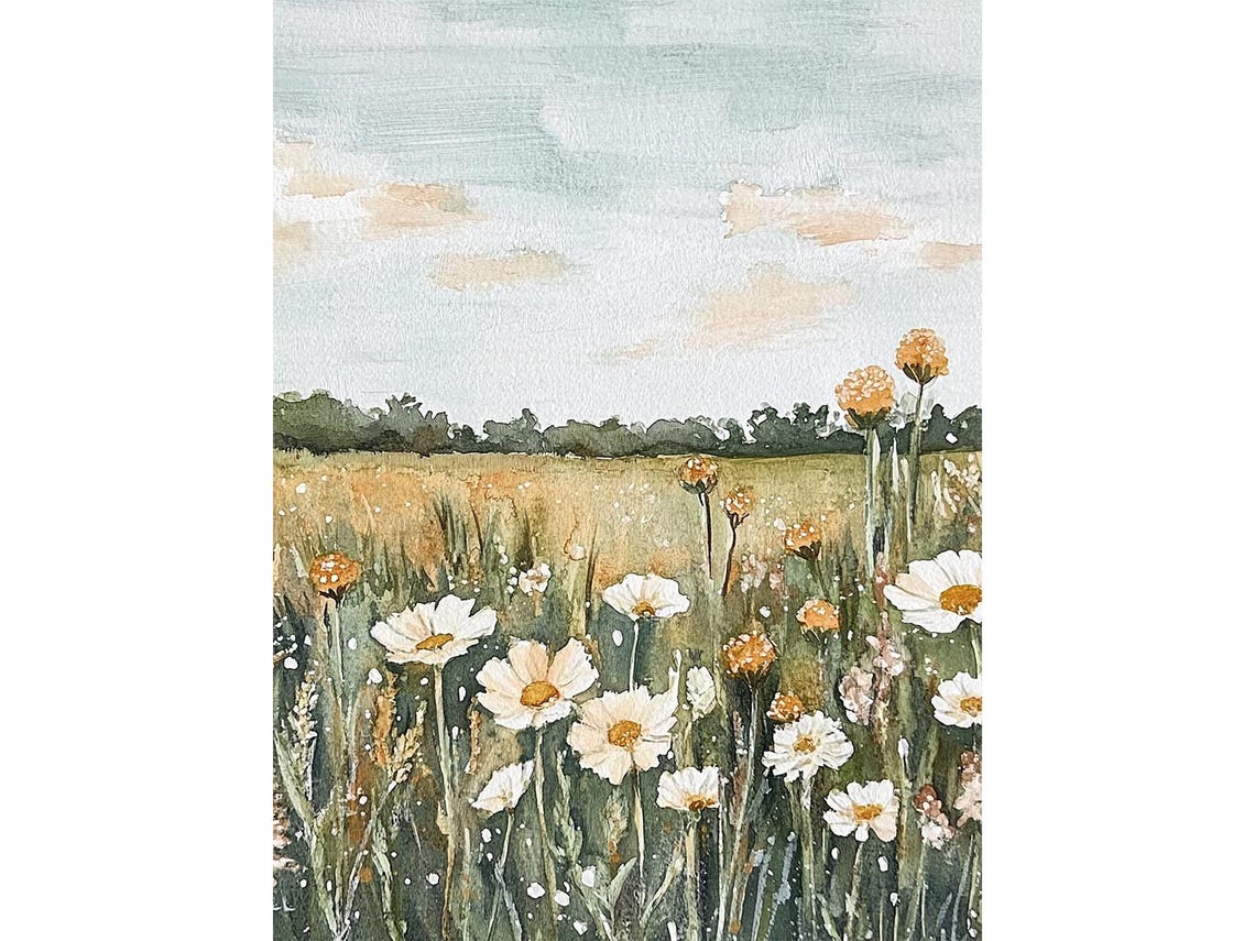 White Daisies Wildflower Meadow Summer Field Watercolor Poster