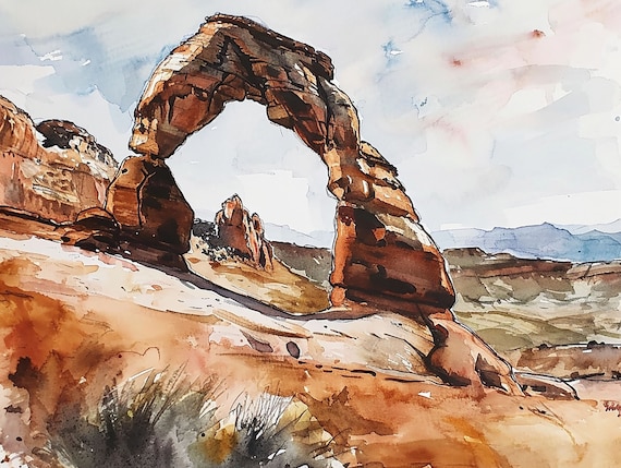 Arches National Park Painting Moab Utah Watercolor Art Print Southern Landscape Wall Art Delicate Arch Desert Mountains Artwork