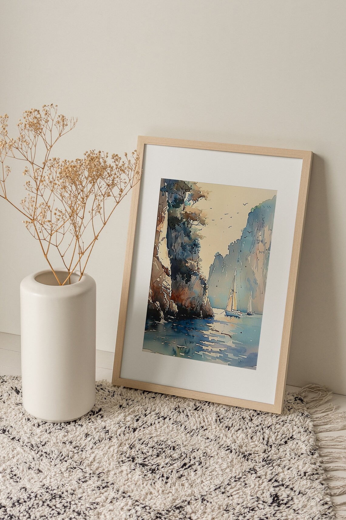Crete Greek Watercolor Sailboat Seascape Art Print - Image 2