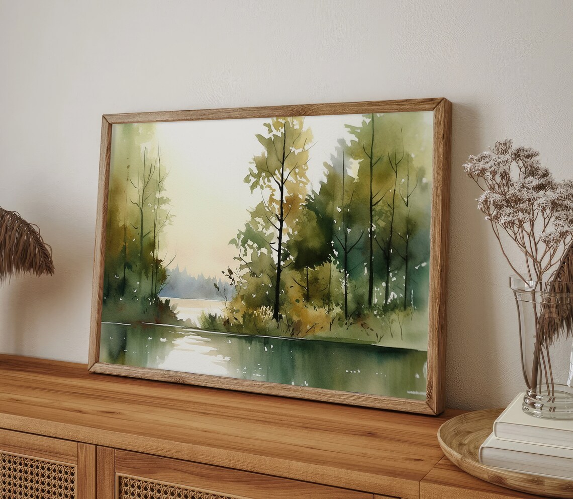 Lake Ontario Watercolor Print, Neutral Forest Landscape - Image 5