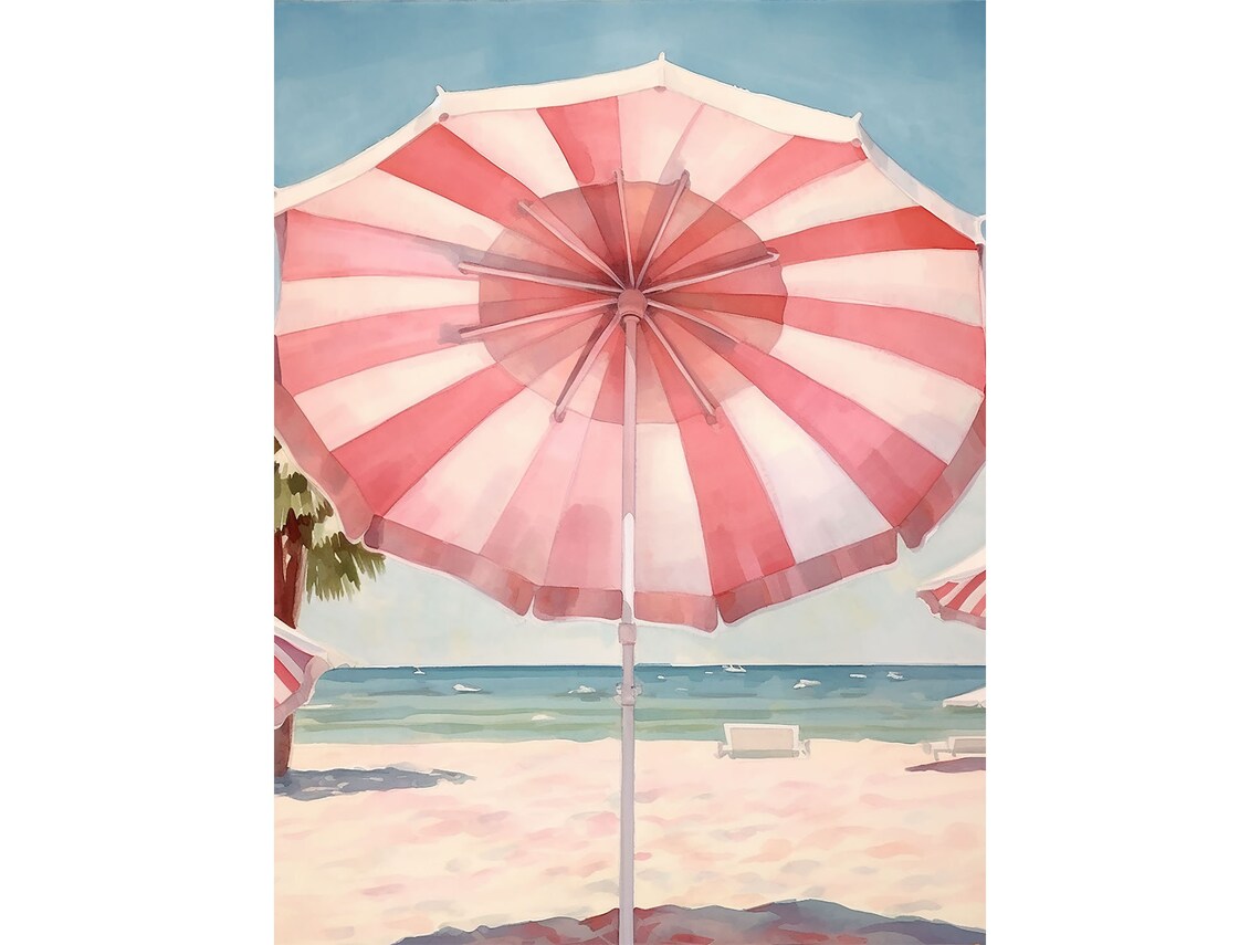 Beach Umbrella Painting, Retro Pink Watercolor Art
