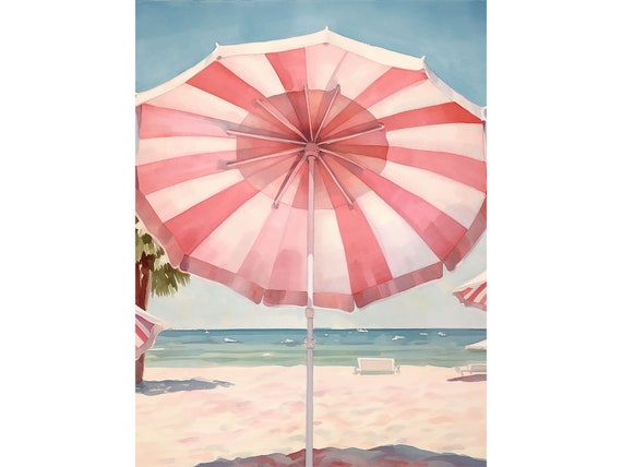 Beach Umbrella Painting, Retro Pink Watercolor Art