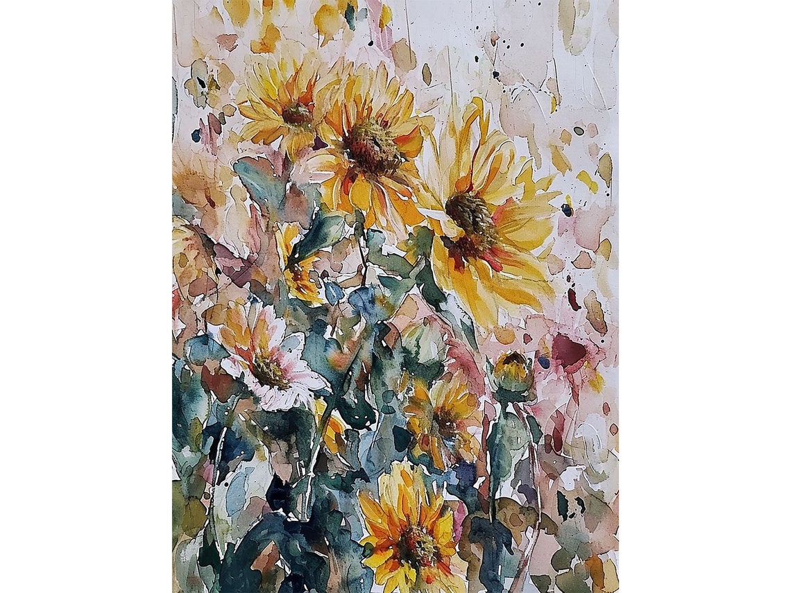 Wild Sunflower Field Golden Bloom Watercolor Floral Summer Poster