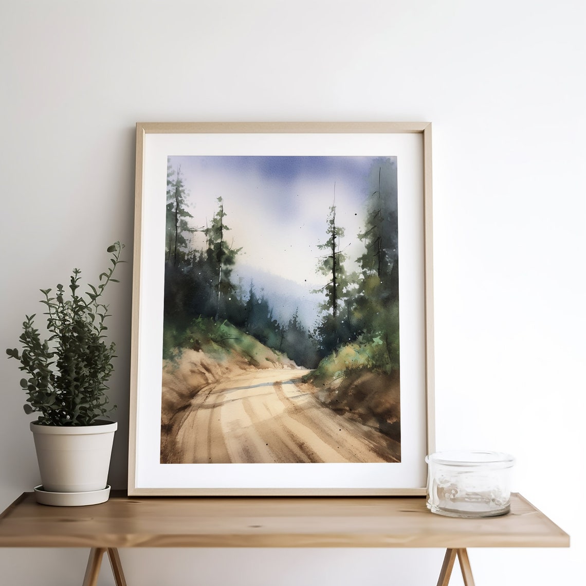 Forest Dirt Road Through Pines Morning Light Watercolor Poster - Image 4