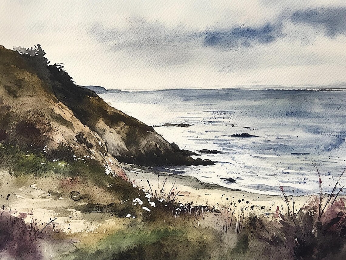 Bodega Bay Watercolor Art Print, Sonoma Coastline