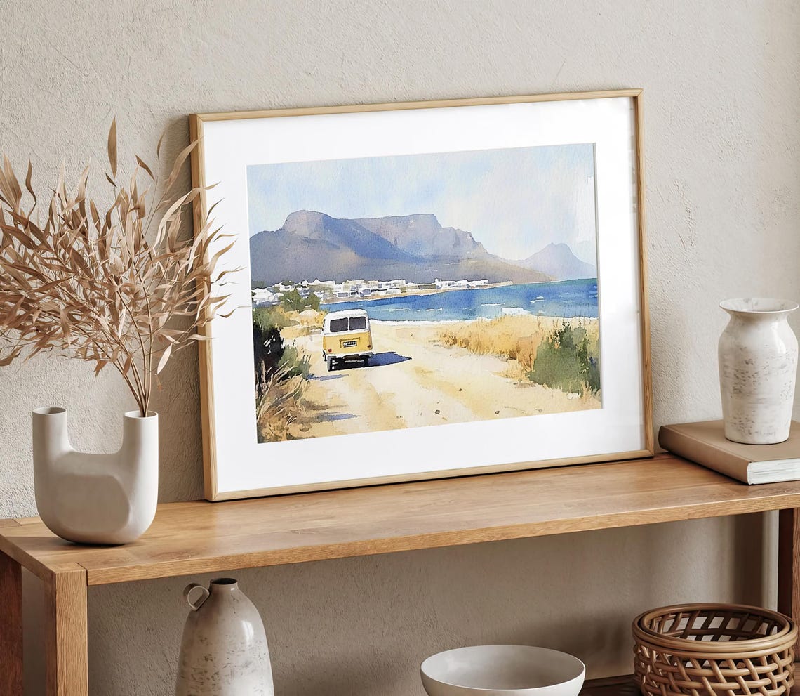 Cape Town Beach Table Mountain Kombi Van Watercolor Travel Poster - Image 2