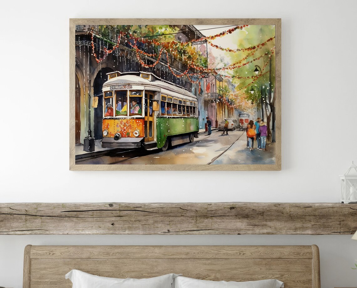 New Orleans Watercolor Streetcar Mardi Gras Art Print - Image 2