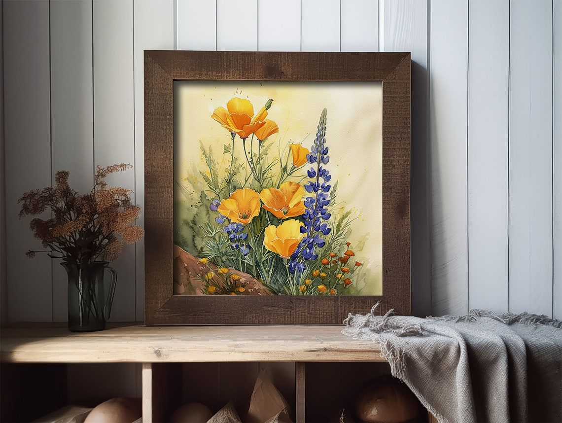 California Poppy Painting Lupine Watercolor Art Print Flower Meadow Wall Art Spring Floral Wall Art Countryside Painting - Image 2