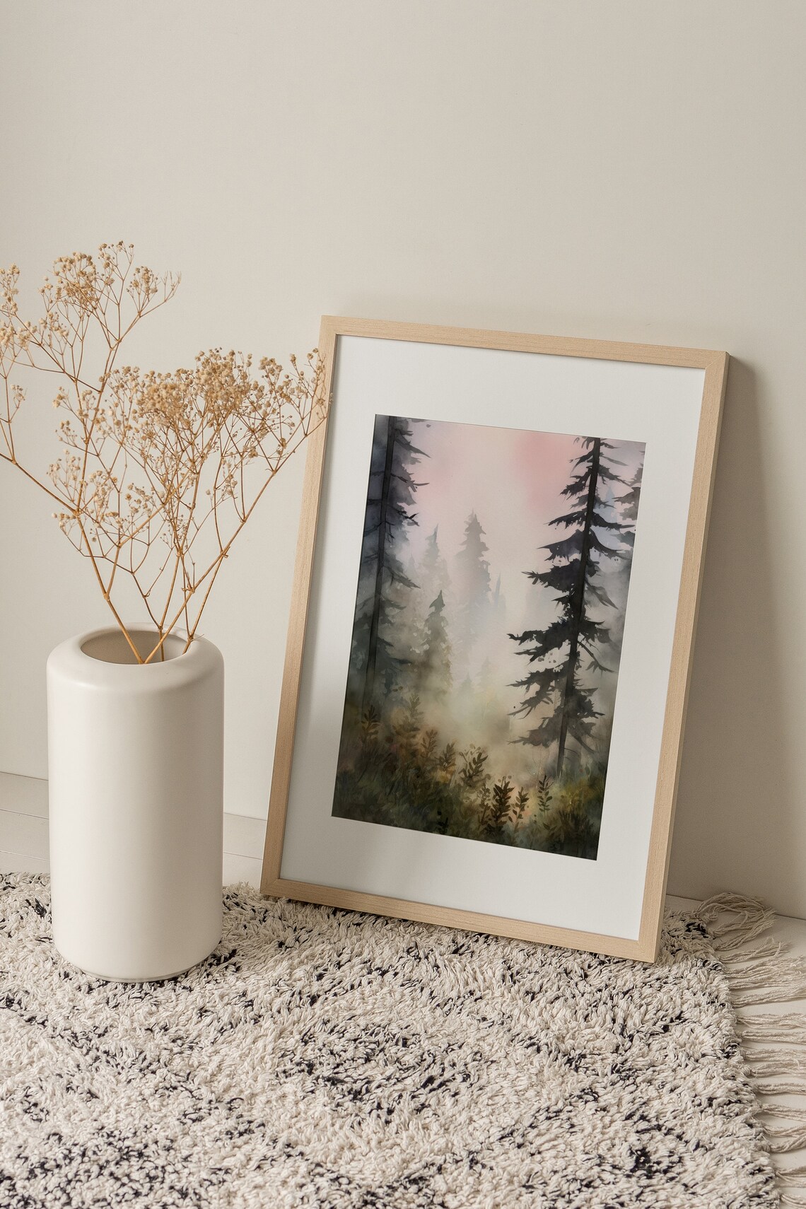 Pine Forest Watercolor Foggy Sunrise Art Print - Image 4