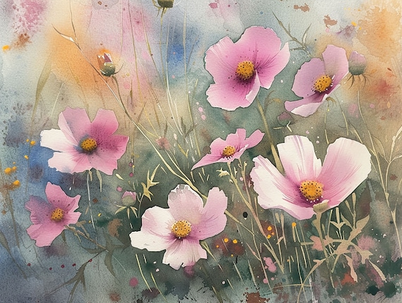 Pink Cosmos Flowers Wildflower Meadow Watercolor Garden Bloom Poster