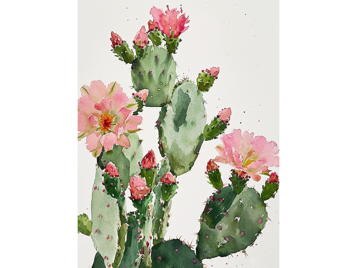 Blooming Cactus Watercolor Art Print, Botanical Decor