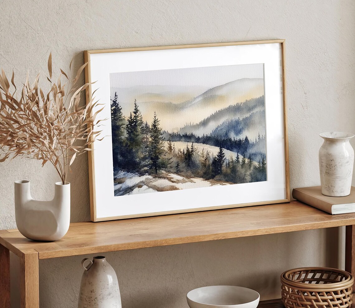 Smoky Mountains Pine Forest Watercolor Art Print - Image 2