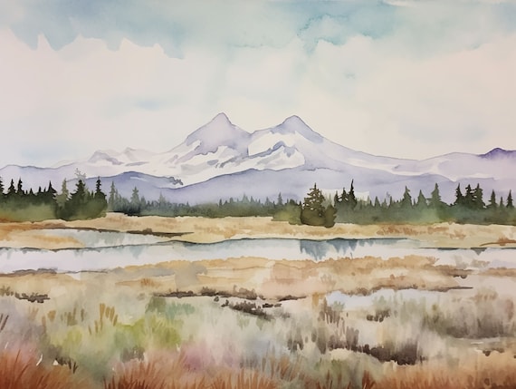 Three Sisters Mountains, Oregon Watercolor Art Print