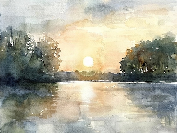 Michigan Sunrise Forest Lake, Watercolor Art Print