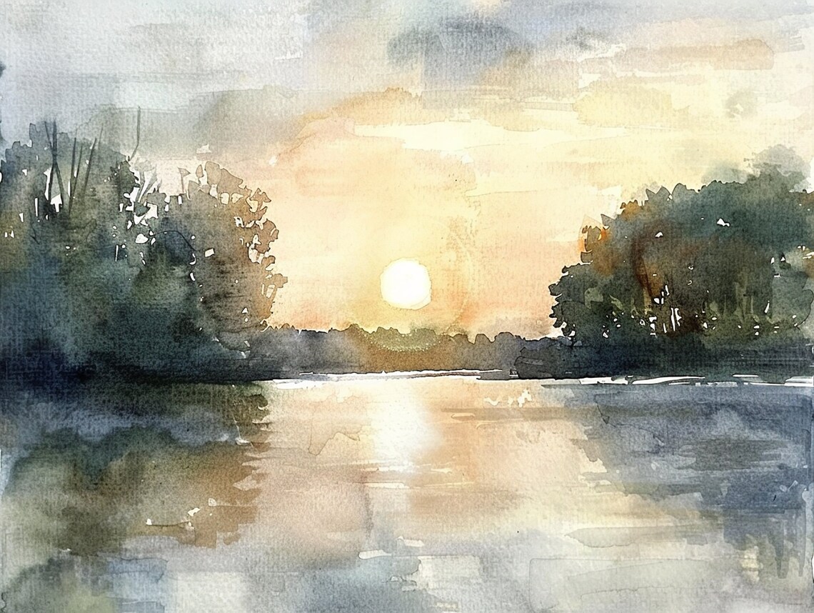 Michigan Sunrise Forest Lake, Watercolor Art Print