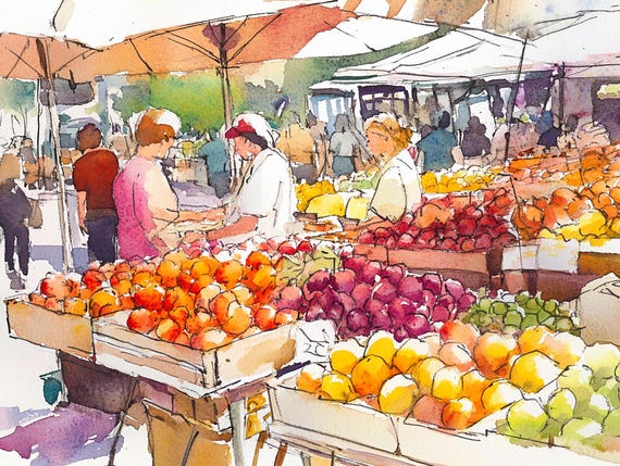 Farmers Market Hollywood Watercolor Art Print, Los Angeles
