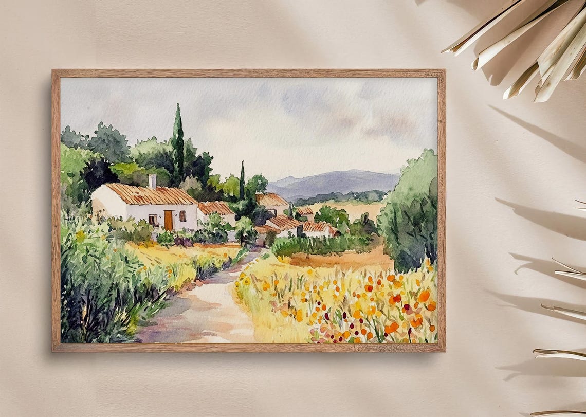 Soutomaior Painting Spanish Countryside Watercolor Art Print Spain Wall Art Camino Hiking Print Yellow Field Art Travel Poster - Image 3