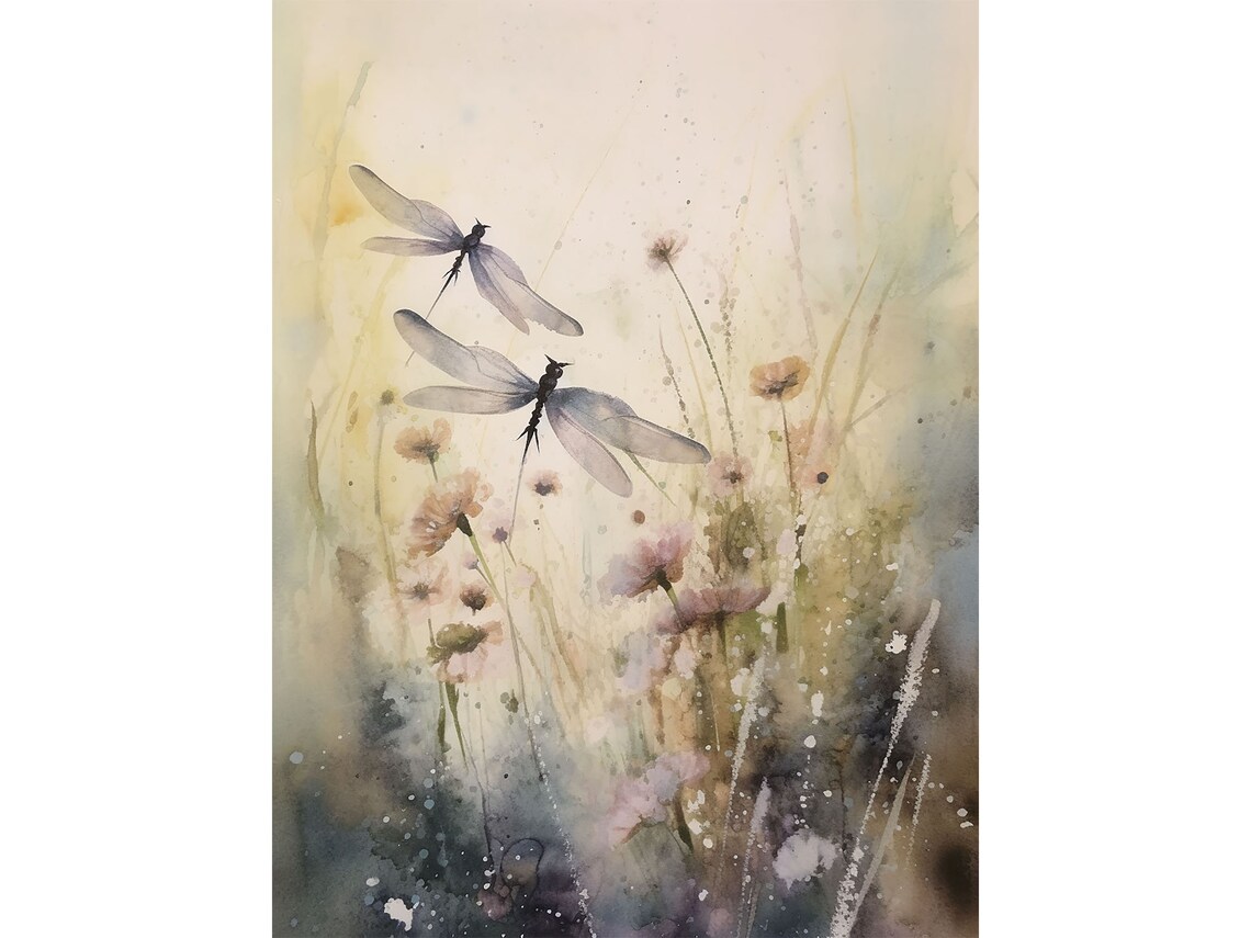 Dragonfly Painting with Wildflowers, Botanical Art Print