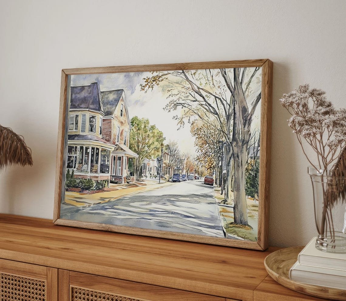 Quiet Victorian Street Lined with Autumn Trees Watercolor Poster - Image 5