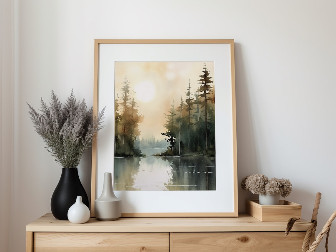 Sunrise Forest Lake Painting, Michigan Landscape Art Print - Image 4