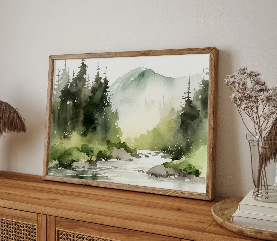 Rocky Mountains Watercolor Art Print, Misty Forest - Image 3