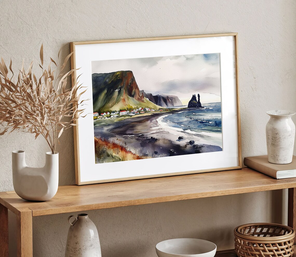Town of Vik Iceland Watercolor Travel Poster - Image 3