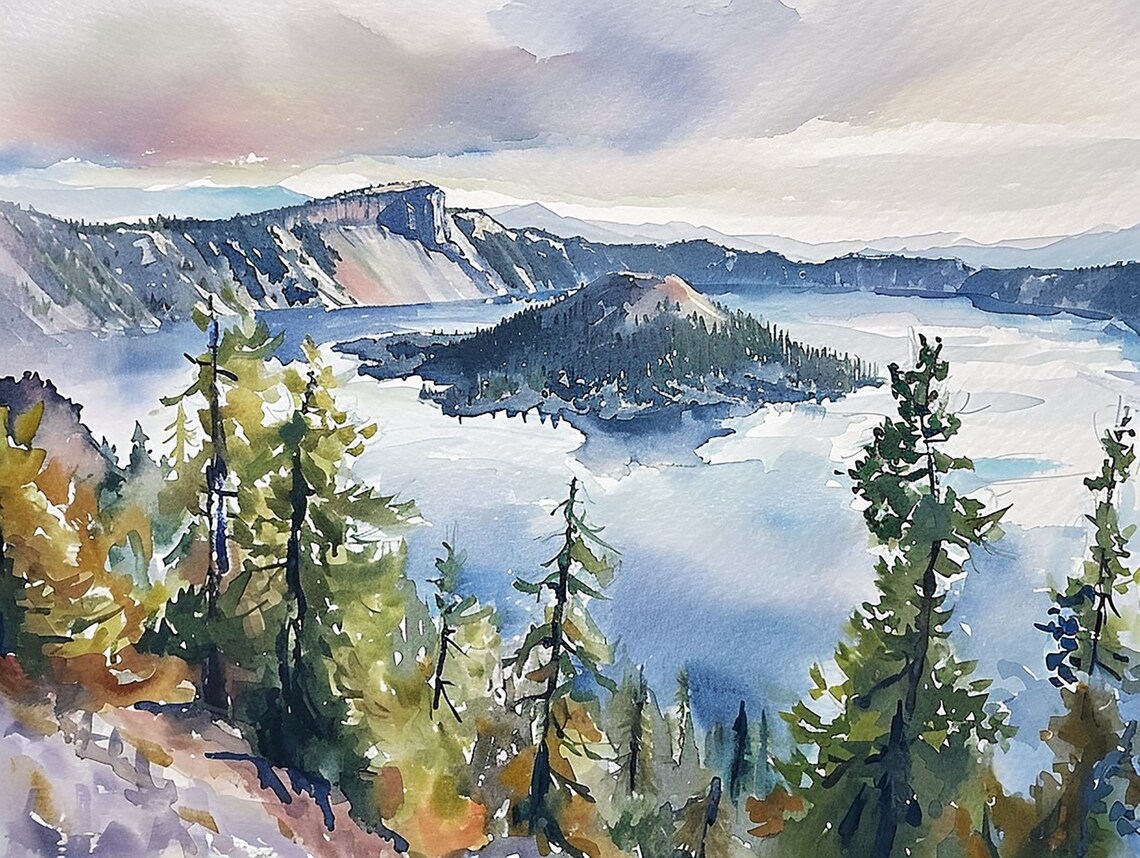 Crater Lake National Park Watercolor Art Print, Oregon