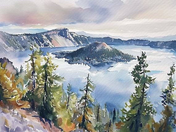Crater Lake National Park Watercolor Art Print, Oregon