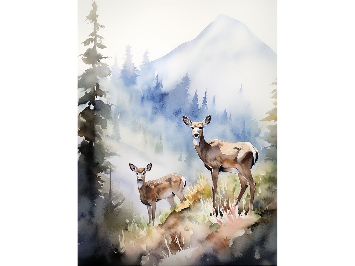 Deer Painting Mount Adams Watercolor Art Print