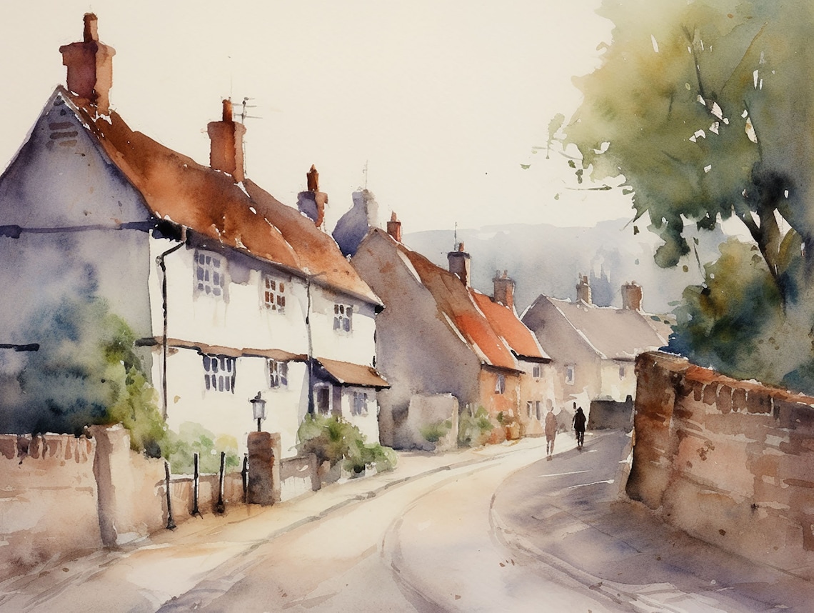 Lacock Watercolor Cityscape Art Print, Wiltshire