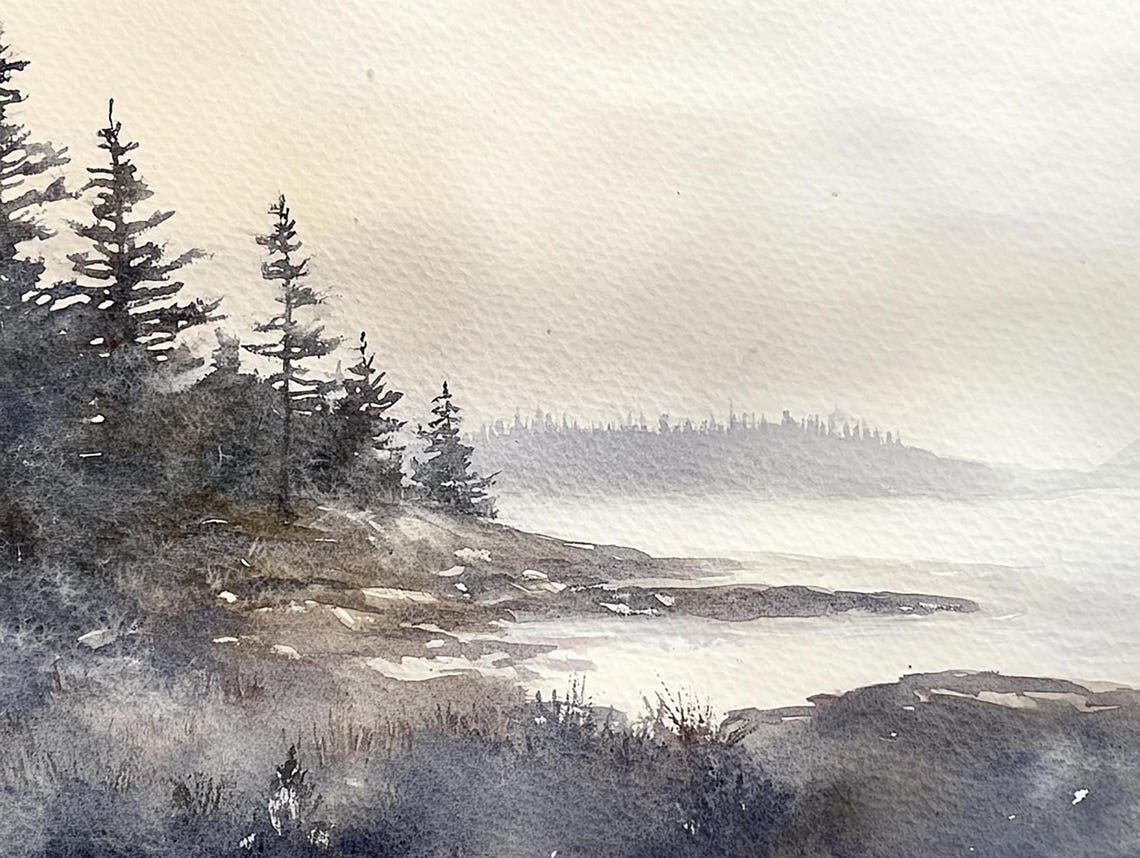 Schoodic Peninsula Acadia Maine Misty Pine Coast Watercolor Poster