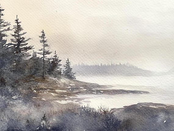 Schoodic Painting Peninsula Watercolor Art Print Acadia Wall Art Maine Landscape Print Foggy Morning Seascape Art Pine Forest Poster