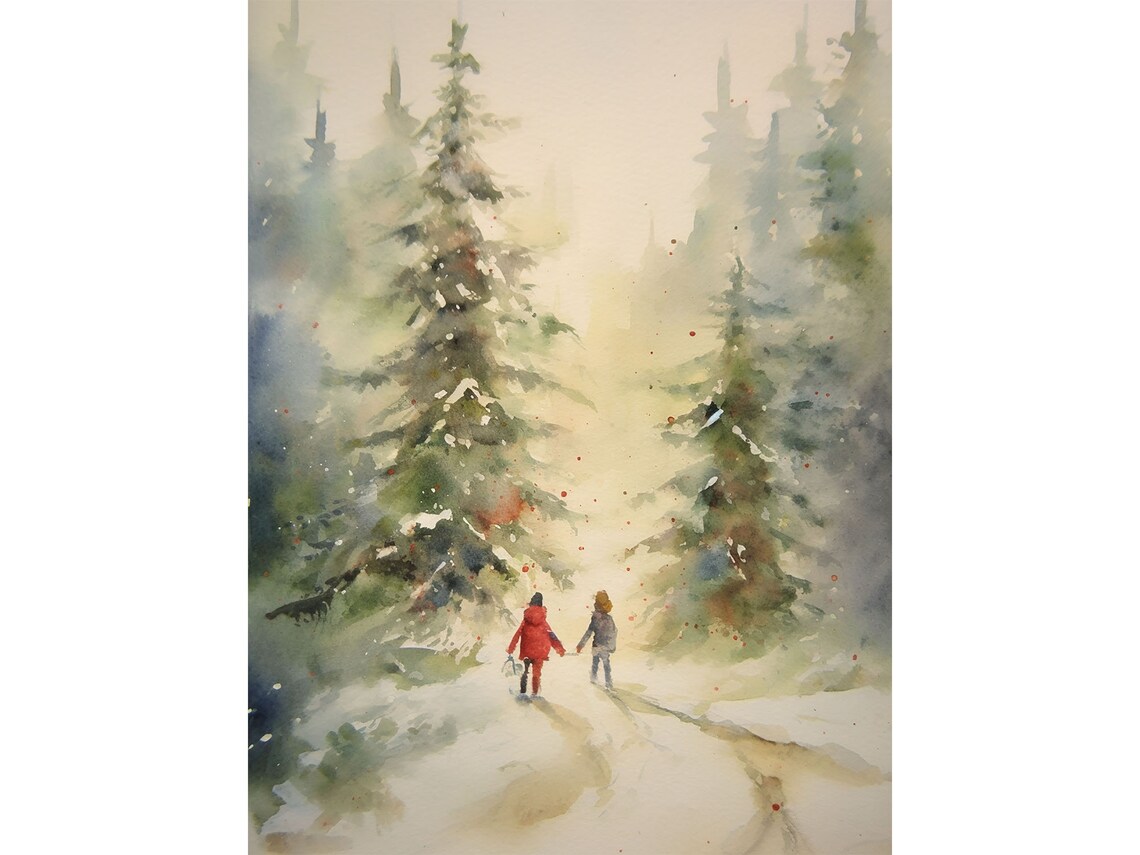 Christmas Painting Two Sisters Winter Forest Art Print