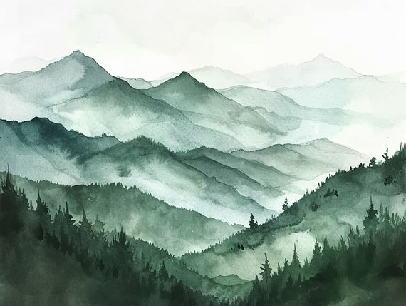 Green Mountains Watercolor Art Print, Vermont Landscape