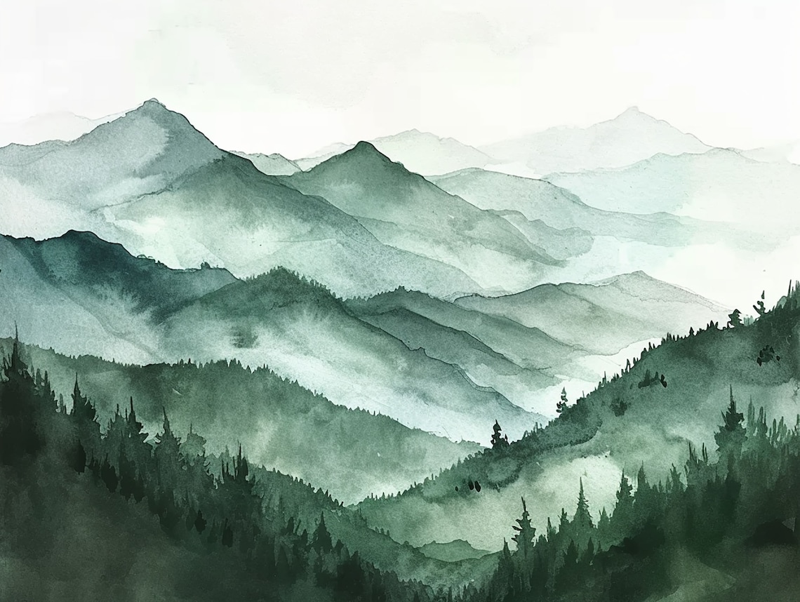 Green Mountains Watercolor Art Print, Vermont Landscape