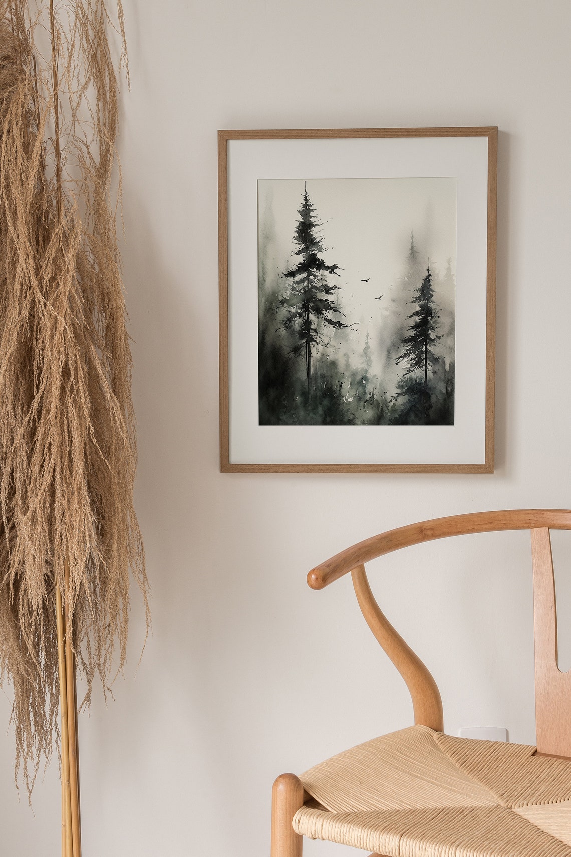 Tall Pines Emerging from Dense Fog in Black Ink Wash Painting Poster - Image 5