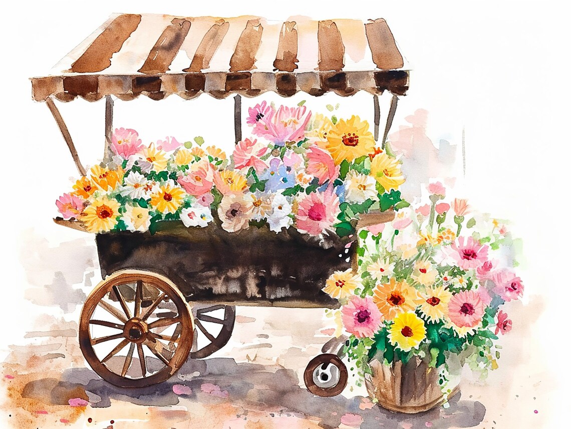 Flower Cart Market Stall Striped Awning Watercolor Floral Poster
