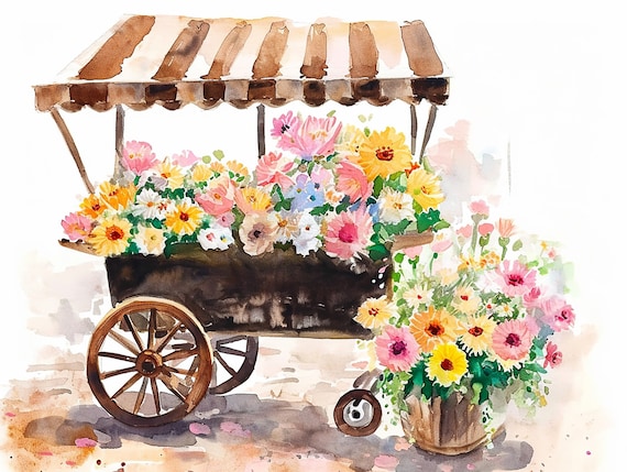 Flower Cart Market Stall Striped Awning Watercolor Floral Poster