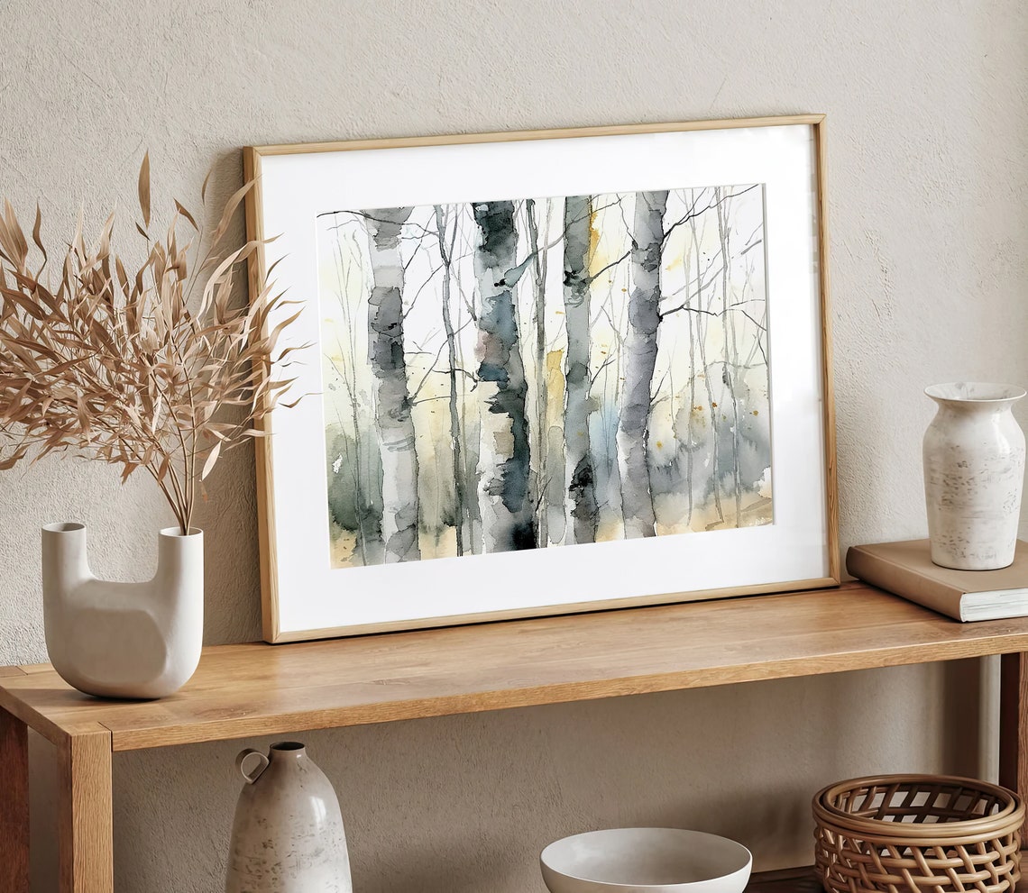 Birch Forest White Trunks Watercolor Woodland Neutral Poster - Image 3