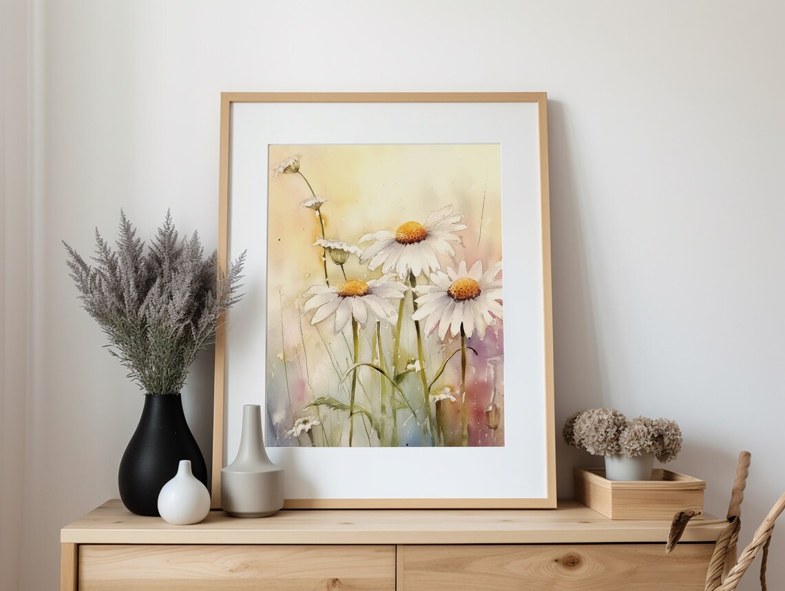 Daisy Watercolor Floral Art Print, Meadow Landscape - Image 2