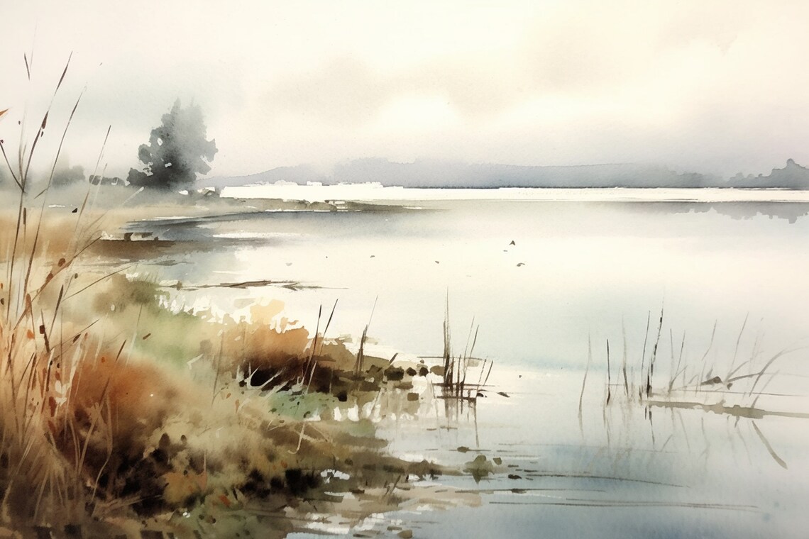 Sunset Lake Watercolor Abstract Landscape Art Print