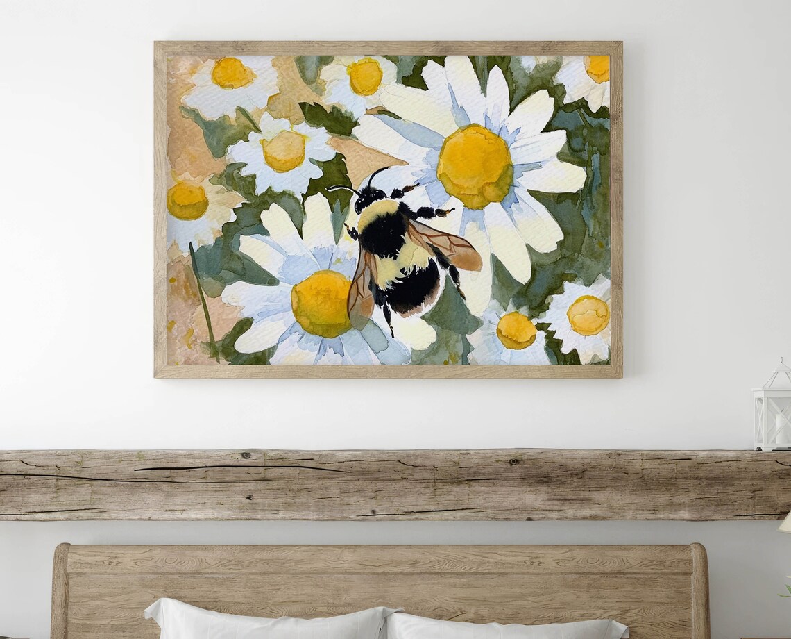 Bumble Bee Daisy Watercolor Art Print, Spring Floral - Image 2