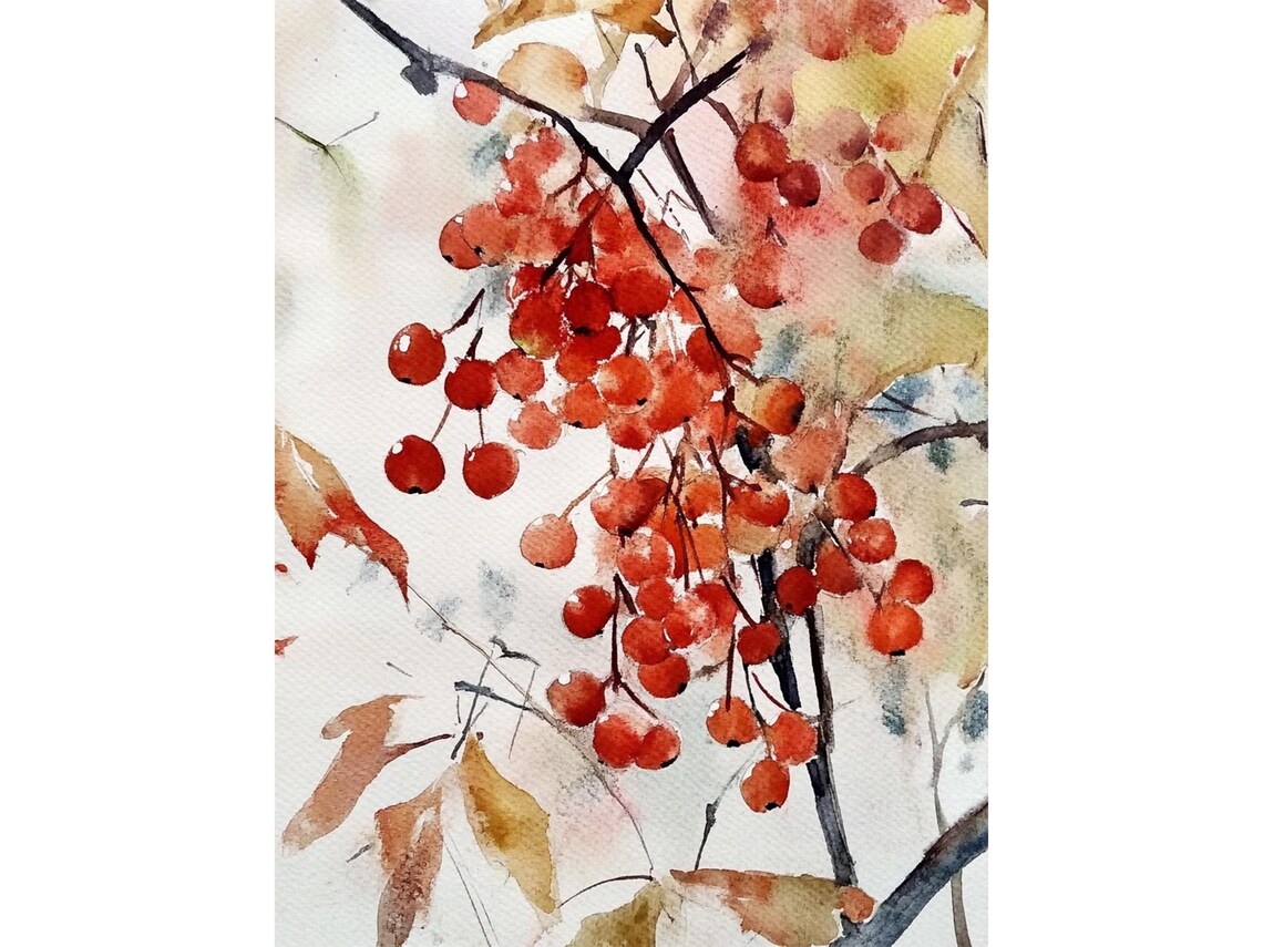 Rowan Tree Watercolor Art Print, Fall Tree Landscape