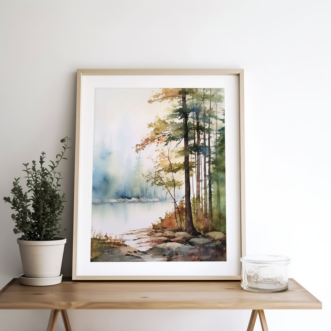 Serene Misty Lakeshore with Tall Pines at Dawn Watercolor Poster - Image 5