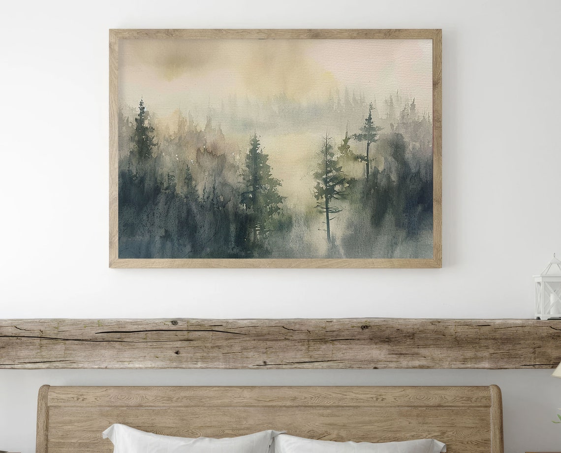 Misty Evergreen Forest in Fog Watercolor Woodland Nature Poster - Image 5